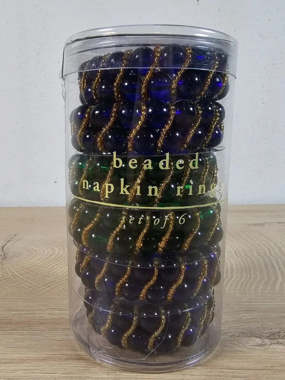 Pier 1 Beaded Napkin Rings Set of 6 Blue Green Gold Tone